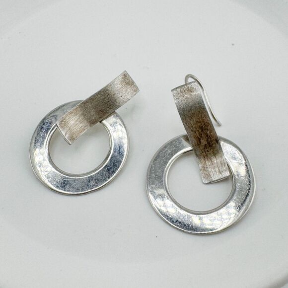 Vintage 925 Silver Modern Hoop Bar Drop Earrings Geometric Brushed Polished - Picture 4 of 6